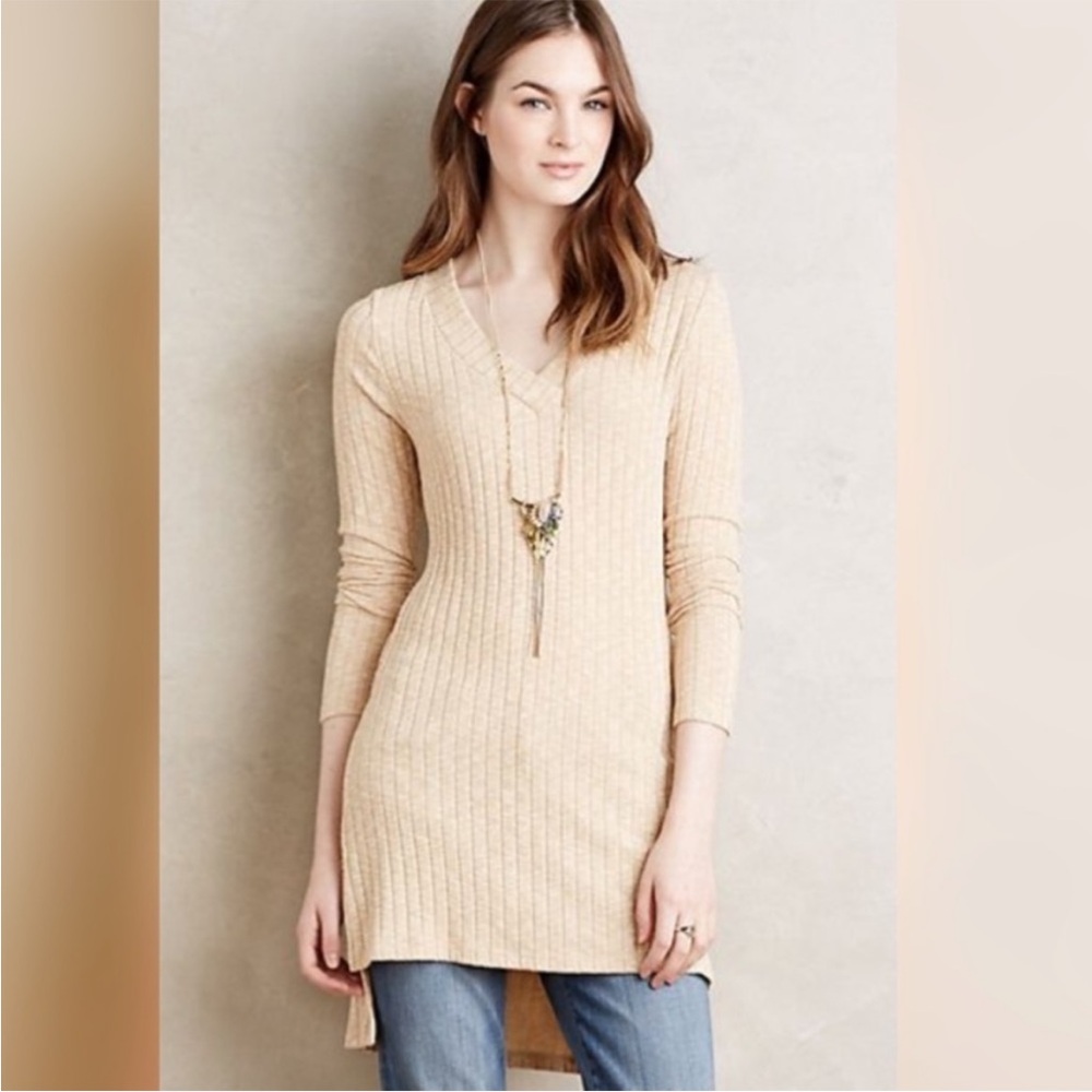 Anthropologie Deletta‎ Long Sleeve V-Neck High Low Ribbed Sweater Dress Size S